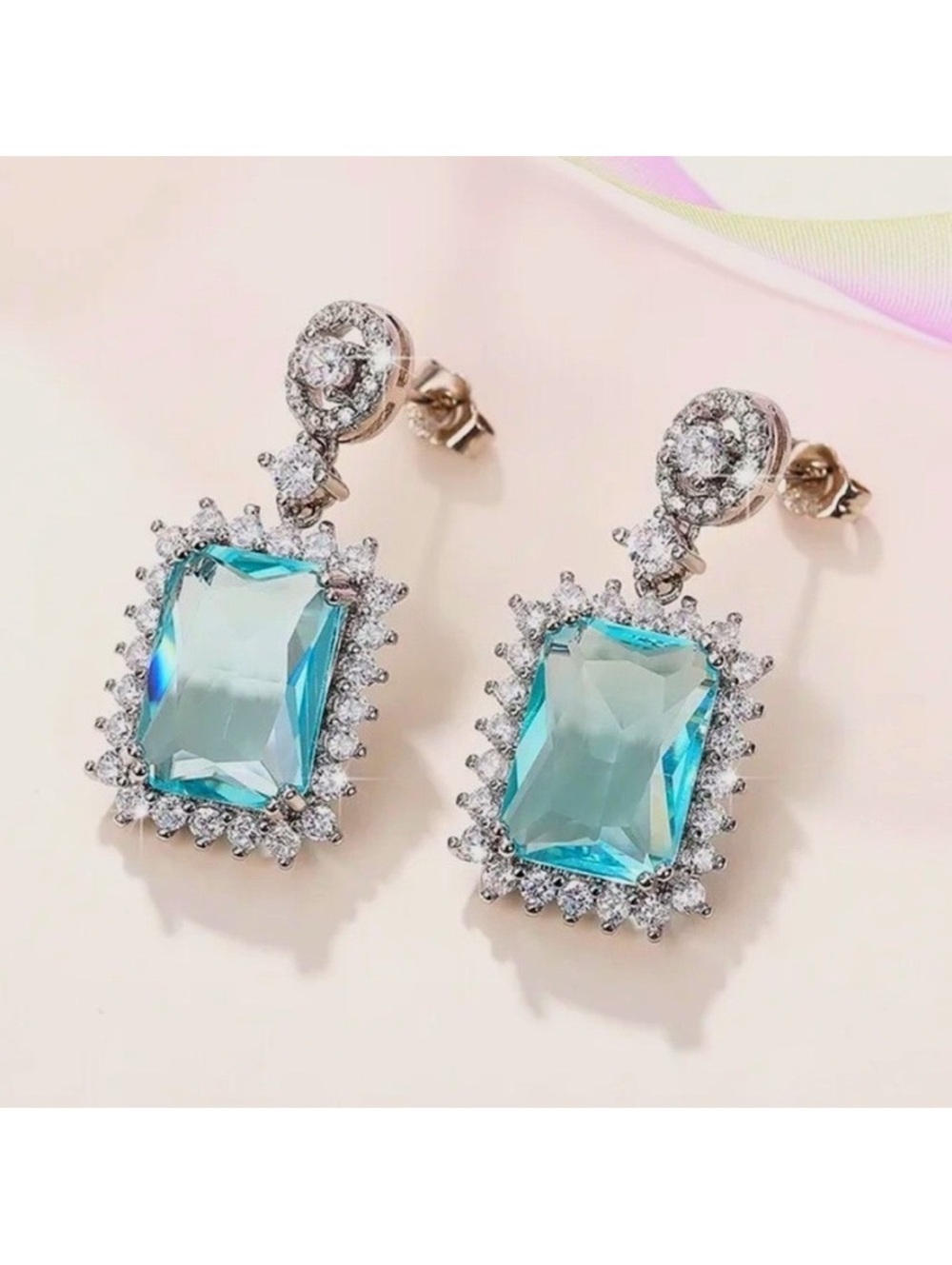 Emerald Cut Aquamarine CZ Halo Drop Silver Earrings